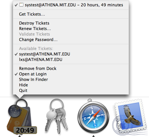 Kerberos Dock Icon menu