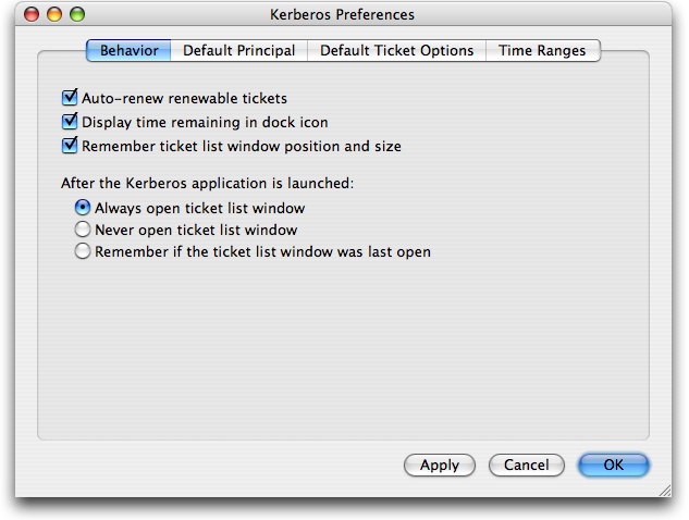 Kerberos preferenes dialog with the behavior tab selected