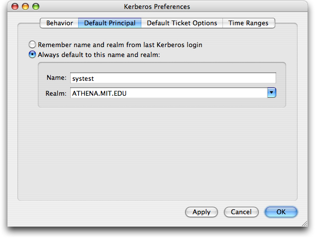 Kerberos preferenes dialog with the default principal tab selected