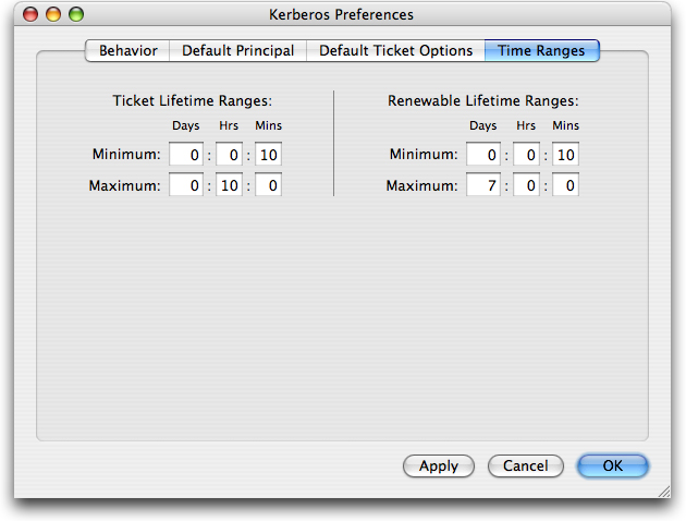 Kerberos preferenes dialog with the time ranges tab selected