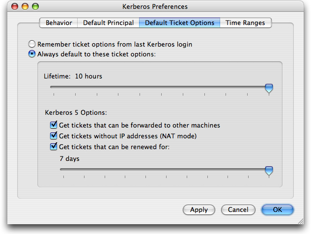 Kerberos preferenes dialog with the default ticket options tab selected